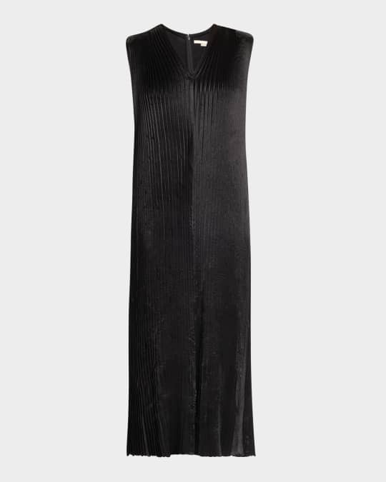 Pleated Satin Laser-Cut Trapeze Dress