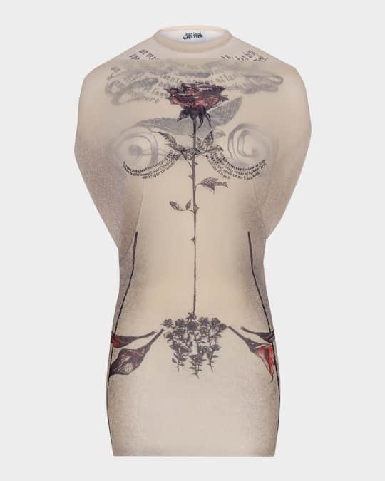 Jean Paul Gaultier Tattoo Rose And Bird Print Layered Mesh Mini Dress |  Neiman Marcus