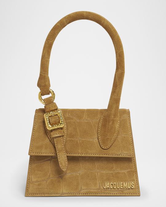 Jacquemus Le Chiquito Moyen Croc-Embossed Suede Top-Handle Bag