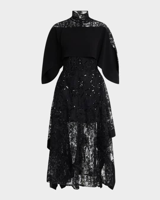 Sequined Lace Mock-Neck Flounce Dress