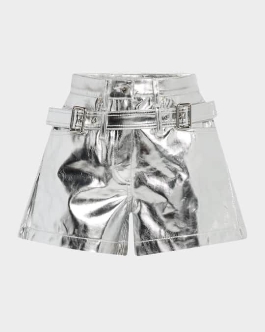 Double-Buckle Metallic Foiled Denim Shorts