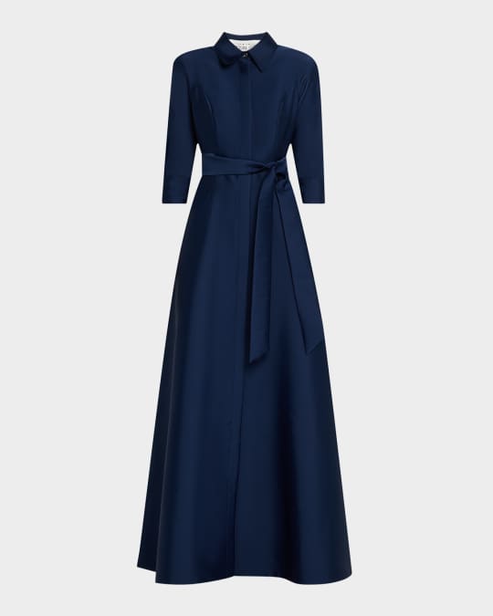 Belted 3/4-Sleeve Mikado Shirt Gown