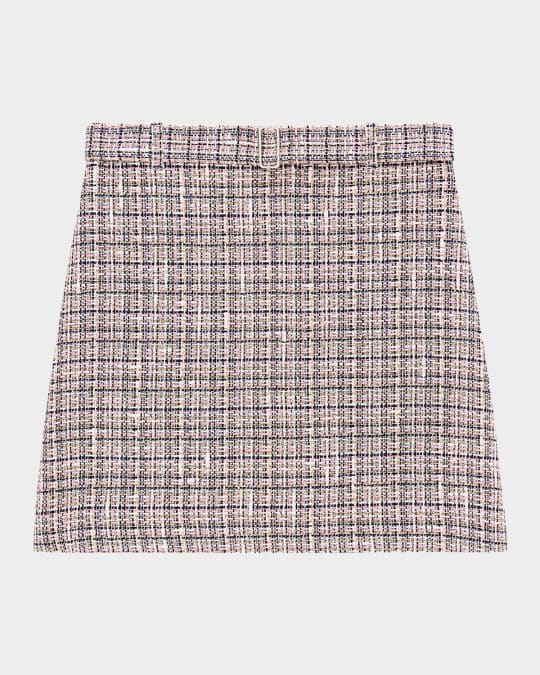 Belted Plaid Tweed Mini Skirt