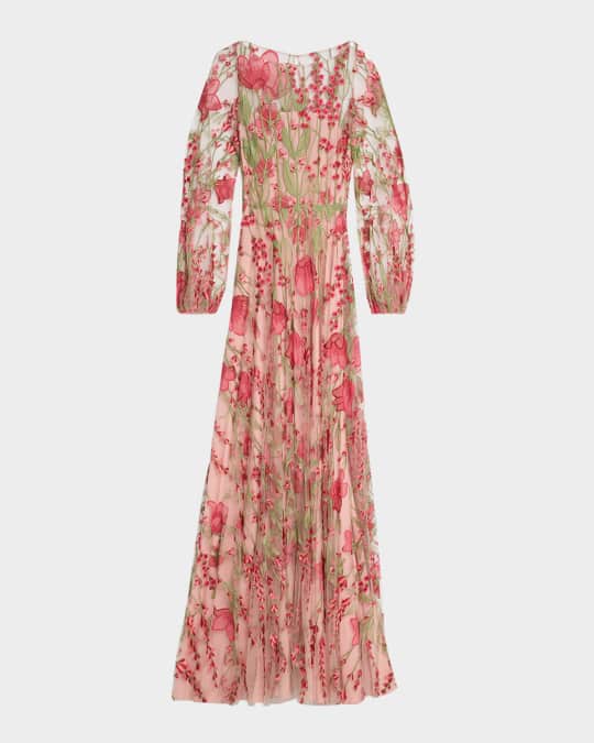 Floral Embroidered Blouson-Sleeve Gown