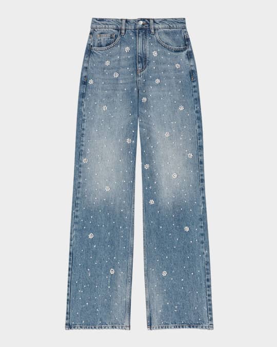 Maje Perla Flower Embroidered Wide-Leg Jeans | Neiman Marcus