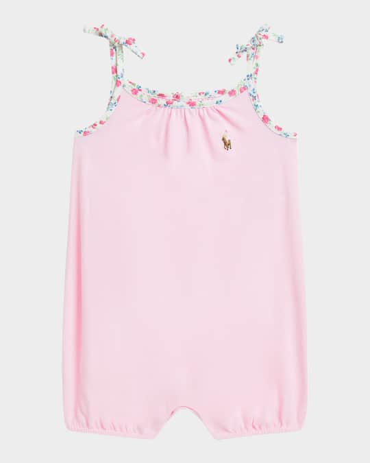 Girl's Floral-Trim Romper, Size 3M-24M
