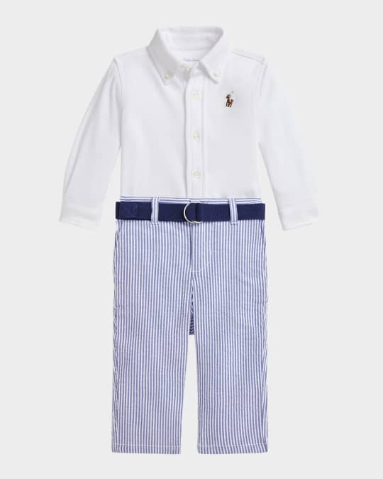 Kid's Cotton Shirt & Seersucker Belted Pants Set, Size 3M-24M