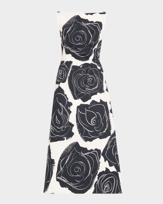 Rose-Print Sleeveless Button-Back Midi Dress