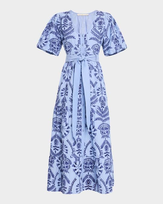 Natty Tiered Floral-Embroidered Midi Dress
