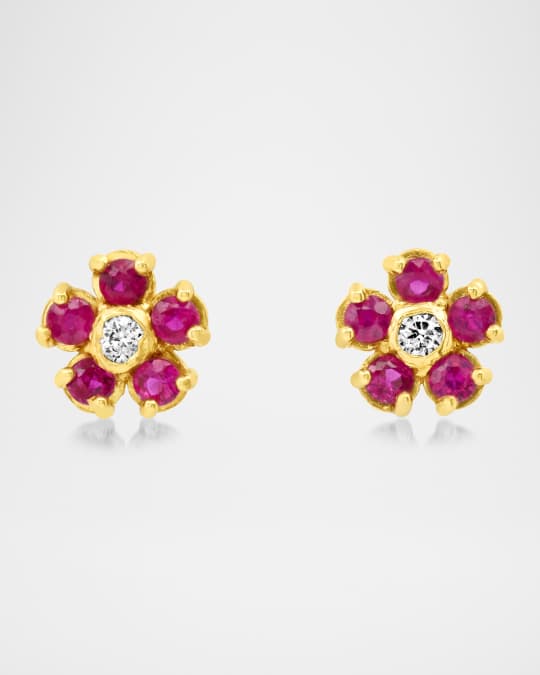 18K Yellow Gold Mini Flower Stud Earrings with Rubies and Diamonds