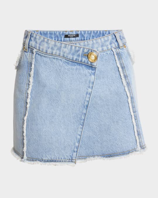 Asymmetric Raw-Edge Denim Mini Skirt