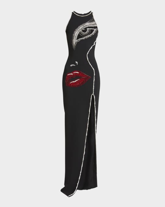 Partial Face Embellished Slit Gown