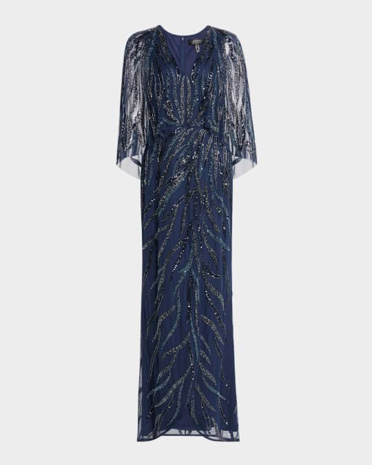 Aidan Mattox Cape-Sleeve Bead & Sequin Gown | Neiman Marcus