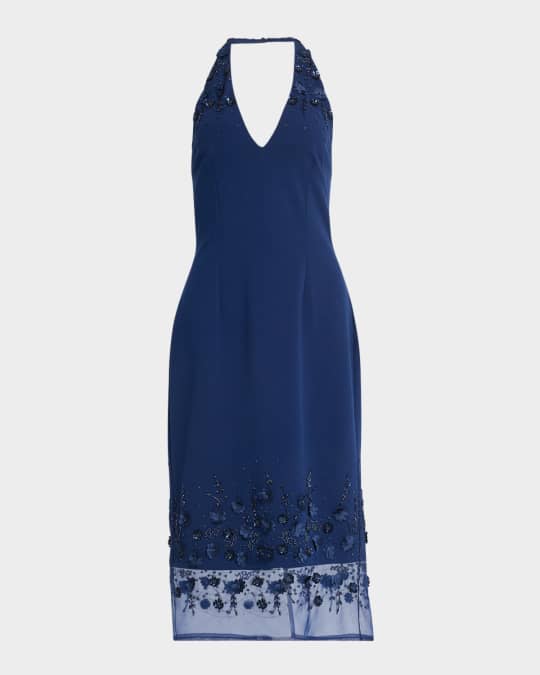 Beaded Floral Applique Halter Midi Dress