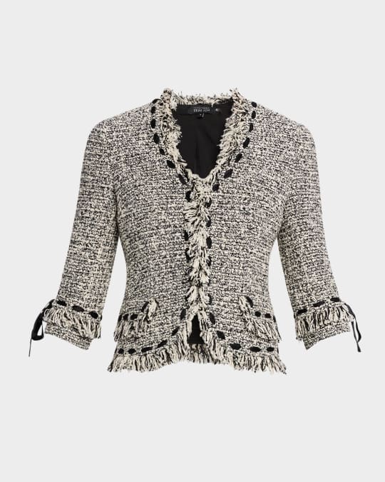 Rickie Freeman for Teri Jon Ribbon-Trim Fringed Tweed Jacket