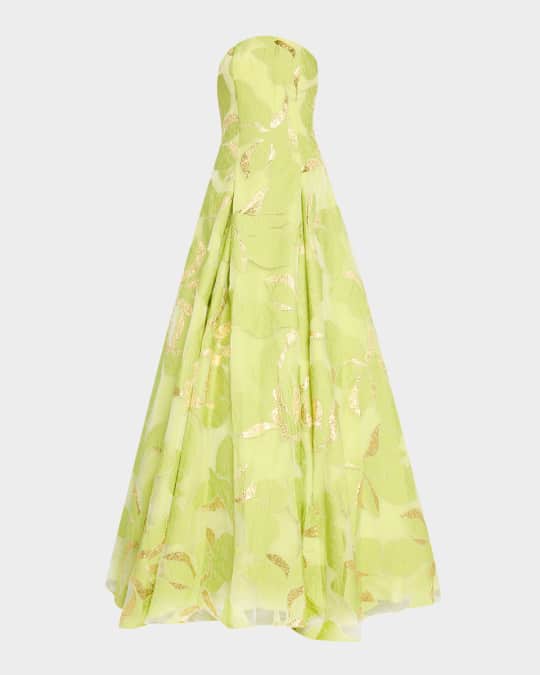 Pleated Strapless Floral Jacquard Gown
