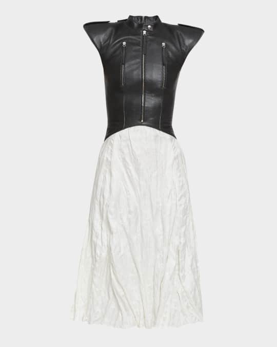 Athena Strong-Shoulder Leather Fit-&-Flare Dress