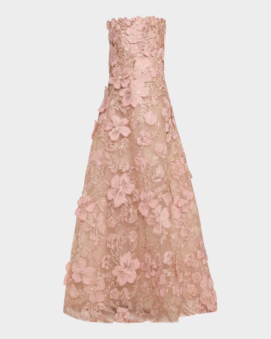 Reem Acra Strapless Metallic Floral Embroidered Tulle A-Line Gown ...