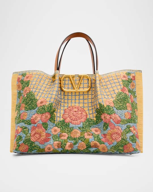 Valentino Garavani Floral-Embroidered Raffia Tote Bag | Neiman Marcus