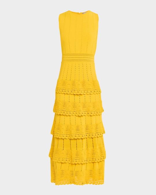 Lela Rose Crochet Ruffle Pointelle Knit Sleeveless Midi Dress | Neiman ...