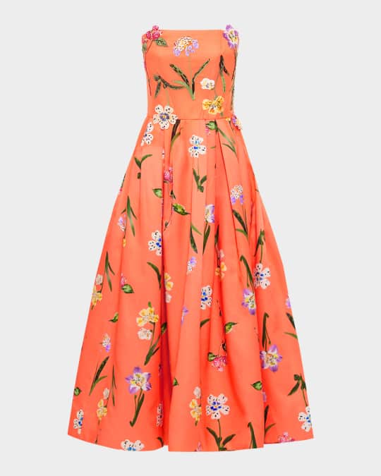 Lynn Pleated Floral-Print Bustier Midi Dress