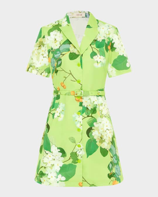 LEO LIN Brigitte Floral-Print Belted Mini Shirtdress | Neiman Marcus