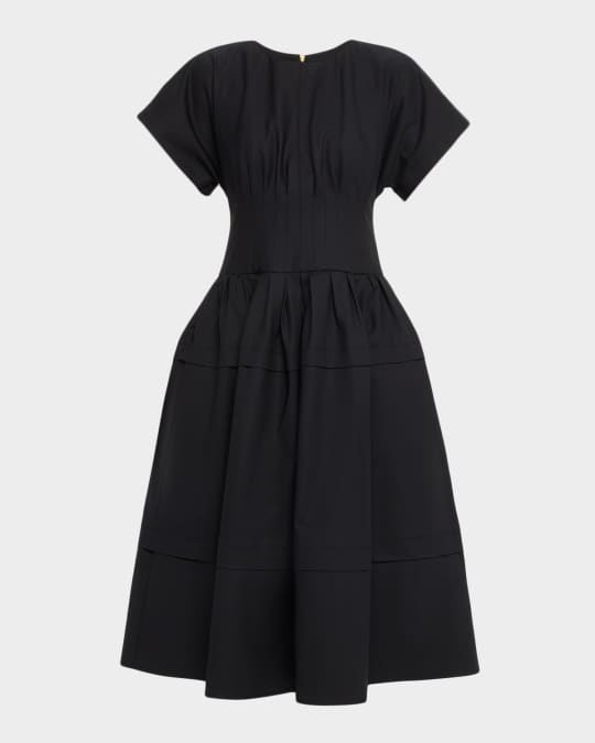 Carolina Herrera Short-Sleeve Pleated-Waist Midi Dress | Neiman Marcus