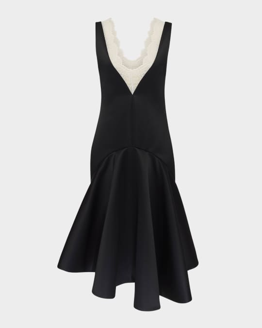 Plunging Lace-Trim Draped-Hem Dress