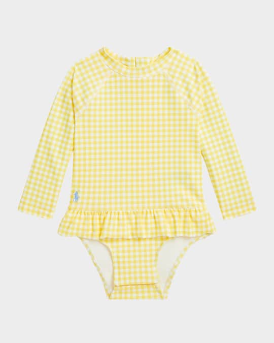 Girl's Gingham-Print Ruffle Rashguard, Size 3M-24M