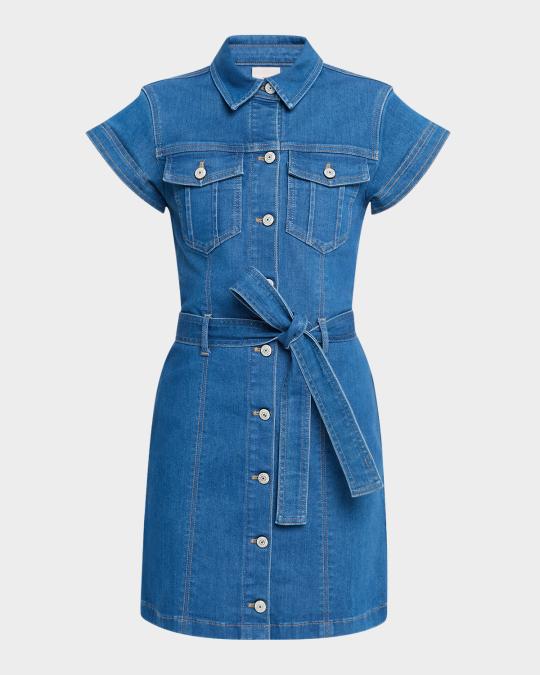 2017 short sleeve denim dress Cinq à Sept Tie Belted Short-Sleeve Mini Collection:Chirason Midweight denim fabric Caitlin's Retro - Boho Madida clothing Color:LightSteelBlue
