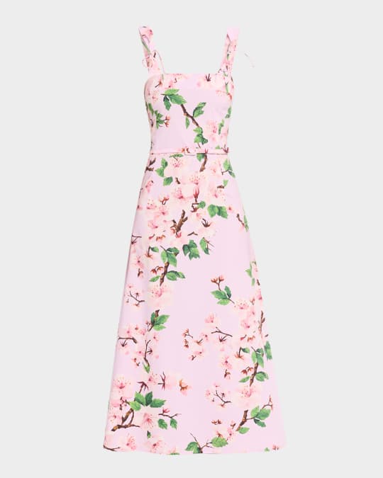 Oscar de la Renta Cherry Blossom Poplin Bow Midi Dress With Belt | Neiman  Marcus