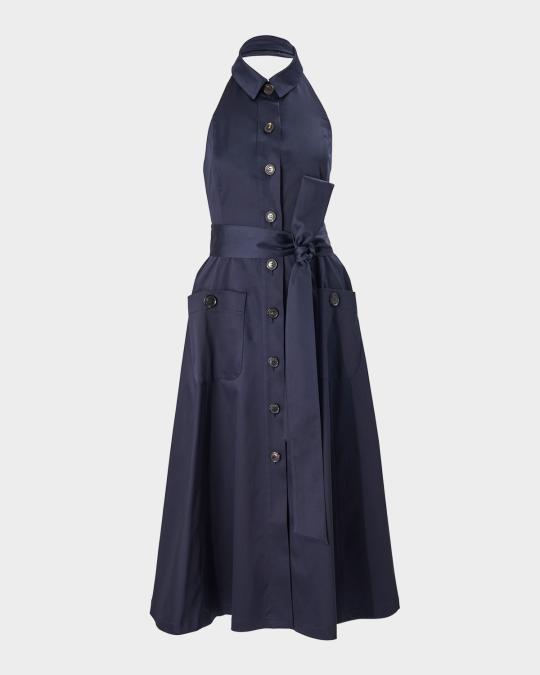 Collared Button-Front Halter Midi Dress