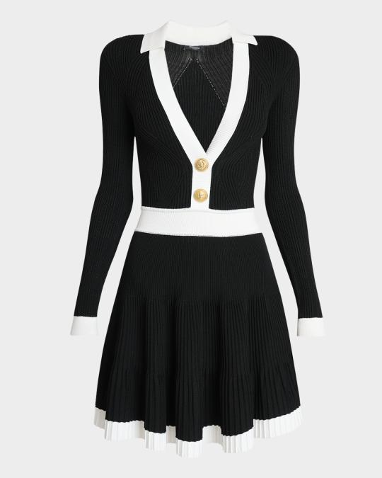 balmain ribbed knit long sleeve dress Long-Sleeve V-Neck Flared KK4253PL112001