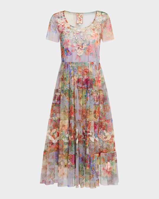 Johnny Was Yasmine Tiered Floral-Print Mesh Midi Dress | Neiman Marcus