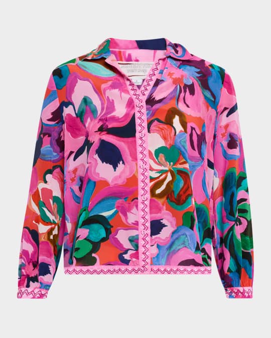 Button-Front Printed Silk Blouse