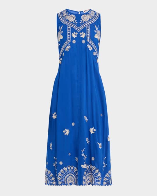 Johnny Was Floral-Embroidered Modal Midi Dress | Neiman Marcus