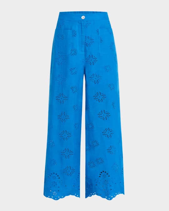 Johnny Was Delores Wide-Leg Eyelet Linen Pants | Neiman Marcus