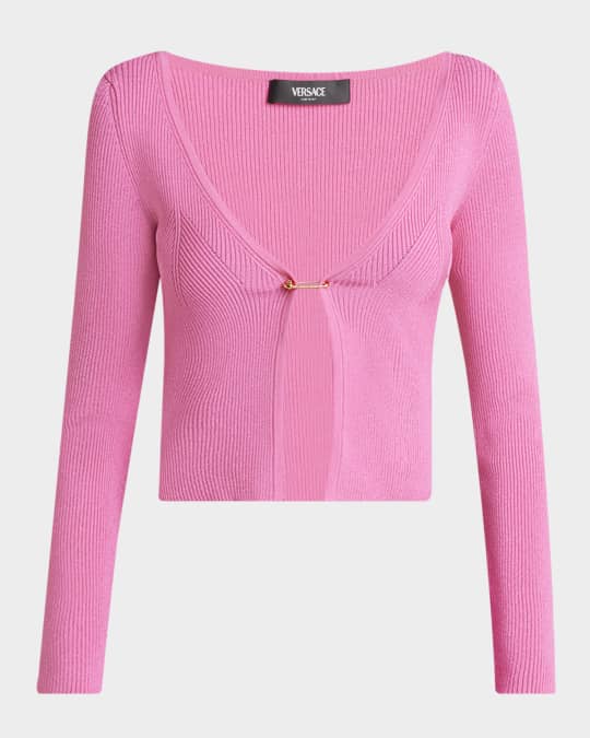 Versace Safety-Pin V-Neck Crop Rib Cardigan | Neiman Marcus