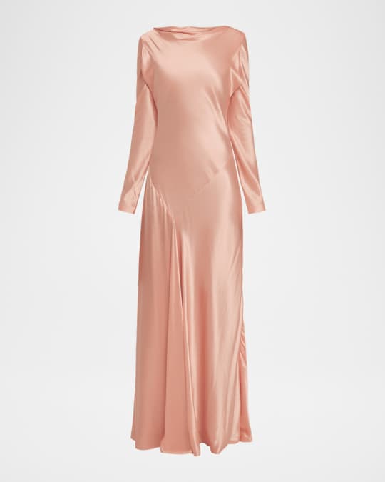 Alberta Ferretti Shiny Satin Bias Long-Sleeve Maxi Dress | Neiman Marcus