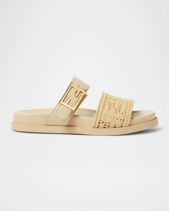 ☆ FENDI ゴールドロゴ クロスストラップ サンダル レディス BR ☆ Fendi FF Raffia Leather Dual-Strap Slide Sandals | Neiman Marcus