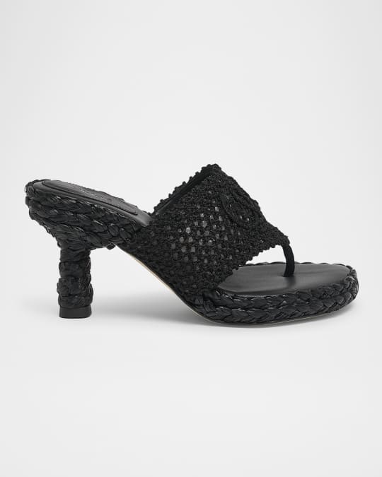 Chloe Isla Crochet Raffia and Leather Thong Sandals | Neiman Marcus