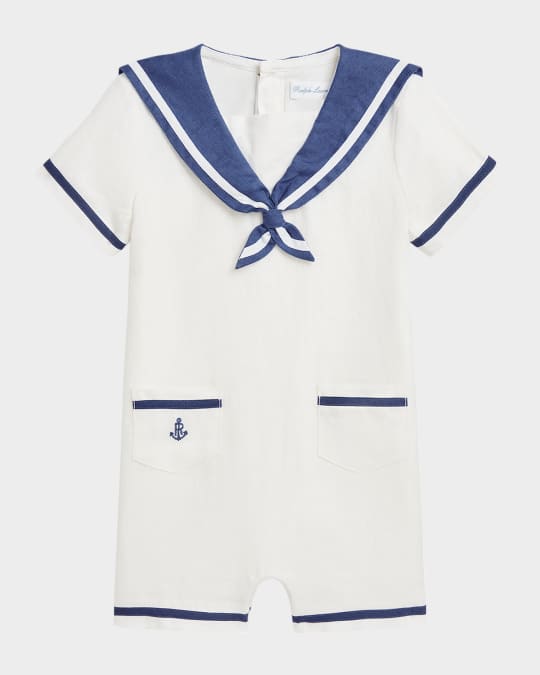 Boy's Sailor-Inspired Embroidered Shortall, Size 9M-24M