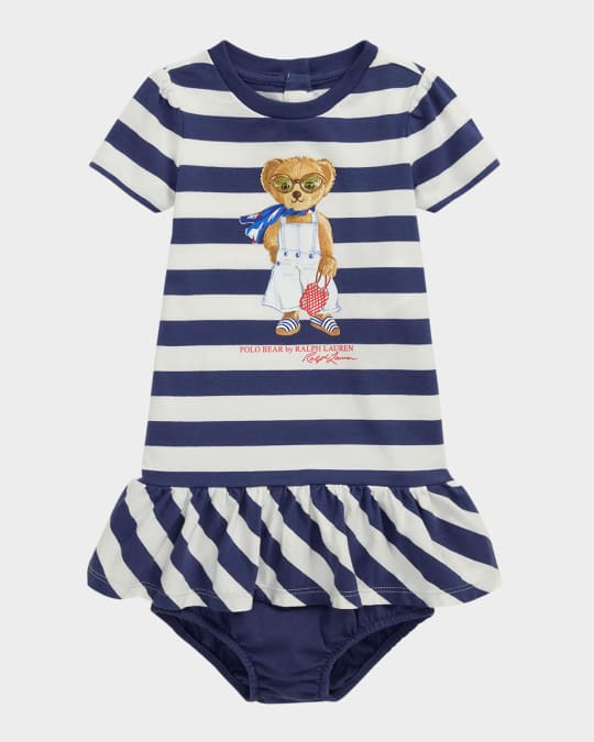 Girl's Striped Polo Bear Drop Waist Dress, Size 3M-24M