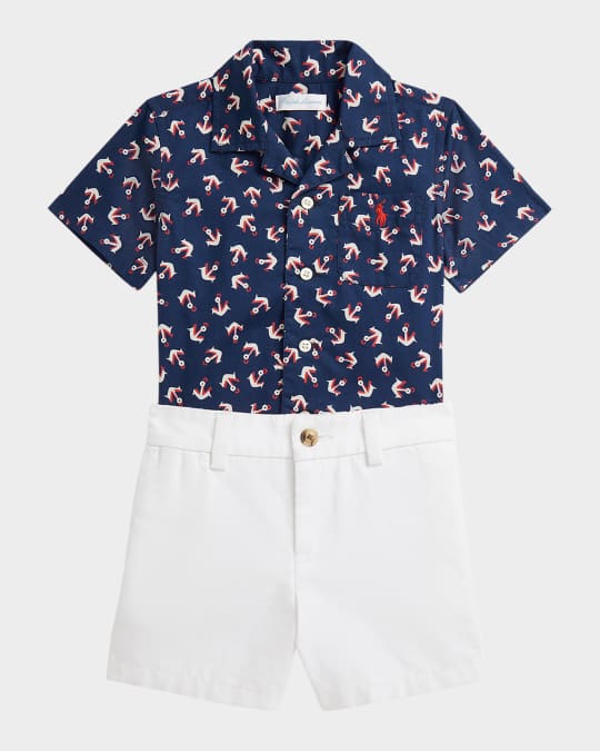 Boy's Anchor-Print Shirt W/ Canvas Shorts, Size 3M-24M