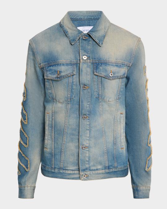 Off-White Men's Diagonal Raw Patch Denim Jacket | Neiman Marcus