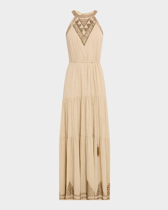 paige halter pleated belted dress Kobi Halperin Beaded Tiered Maxi Dresses: Green Dresses