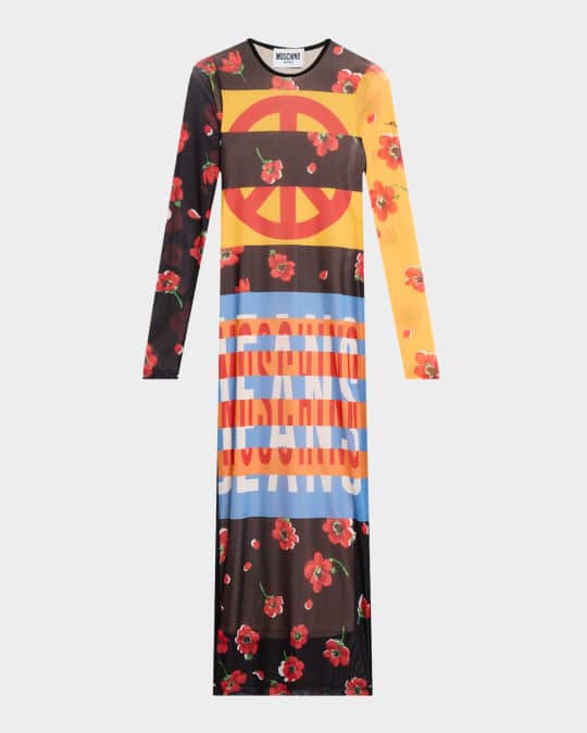 Moschino Jeans Long-Sleeve Printed Mesh Maxi Dress | Neiman Marcus