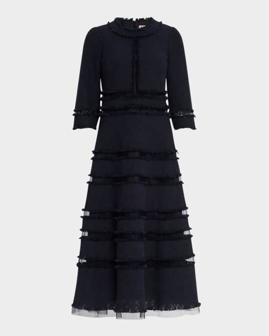 Maison Common 3/4-Sleeve Fringed Tulle-Inset Midi Dress | Neiman Marcus