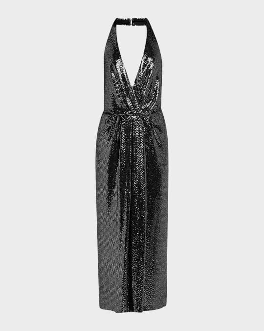 Halston Leonie Deep V-Neck Disco Jersey Midi Dress | Neiman Marcus