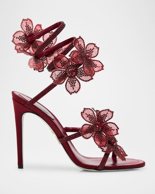 Rene Caovilla Floraine Crystal Flower Satin Snake Wrap Sandals